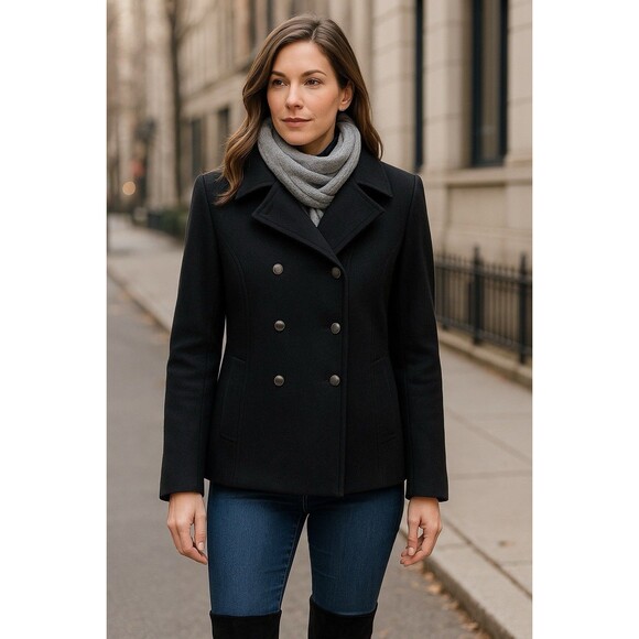 Vintage Guess Womens  SZ LG Pea Coat Double Breasted Black Wool Blend Jacket - Picture 1 of 14